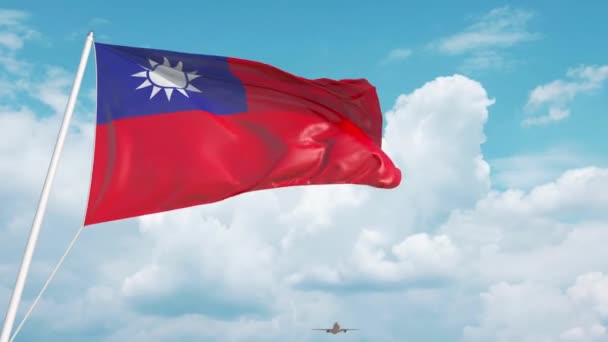 Avião chega ao aeroporto com bandeira de Taiwan. Turismo de Taiwan — Vídeo de Stock