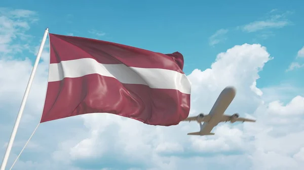 Avión llega al aeropuerto con la bandera de Letonia. Turismo letón. Renderizado 3D — Foto de Stock