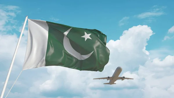 A gép Pakisztán nemzeti zászlajával érkezik a reptérre. Pakisztáni turizmus. 3D-s renderelés — Stock Fotó