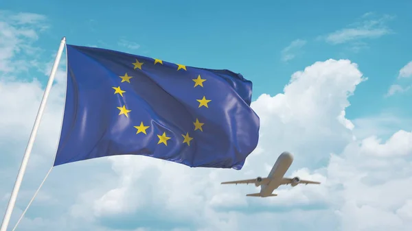 Avión llega al aeropuerto con bandera nacional de Eu. Turismo europeo. Renderizado 3D — Foto de Stock