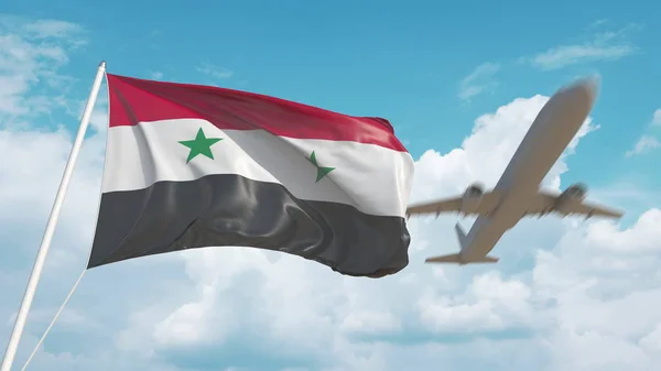 Commercial airplane landing behind the Syrian flag. Tourism in Syria. 3D rendering — 스톡 사진