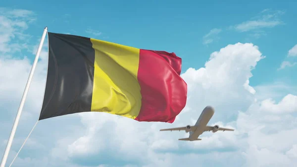 Aereo arriva all'aeroporto con la bandiera del Belgio. Turismo belga. Rendering 3D — Foto Stock