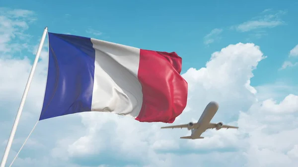 Plane arrives to airport with national flag of France. French tourism. 3D rendering — Stock Photo, Image