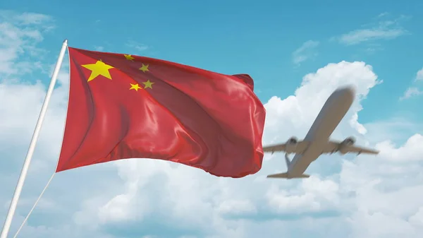 Samolot zbliża się do chińskiej flagi. Turystyka w Chinach. 3d renderowanie — Zdjęcie stockowe