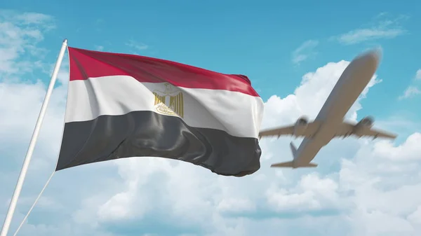 Αεροσκάφος προσεγγίζει την αιγυπτιακή εθνική σημαία. Τουρισμός στην Αίγυπτο. 3d απόδοση — Φωτογραφία Αρχείου