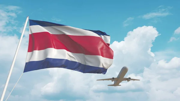 Avião chega ao aeroporto com bandeira nacional da Costa Rica. Turismo da Costa Rica. Renderização 3D — Fotografia de Stock