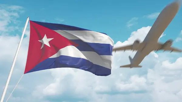 Airliner approaches the Cuban national flag. Tourism in Cuba. 3D rendering — 스톡 사진