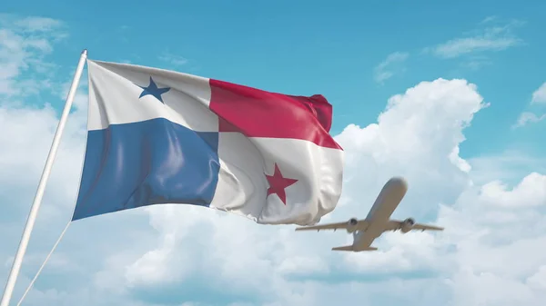Panama ulusal bayrağıyla havaalanına gelen uçak. Panamalı turizm. 3d oluşturma — Stok fotoğraf