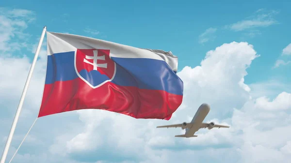 Airliner approaches the Slovakian flag. Tourism in Slovakia. 3D rendering — 스톡 사진