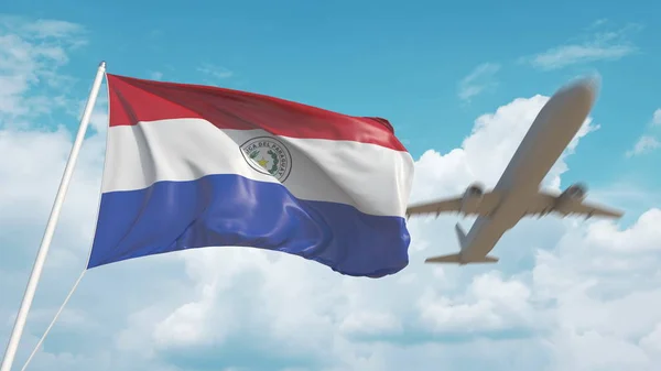 План прибуває в аеропорт з прапором Парагваю. Парагвайський туризм. 3d рендеринг — стокове фото