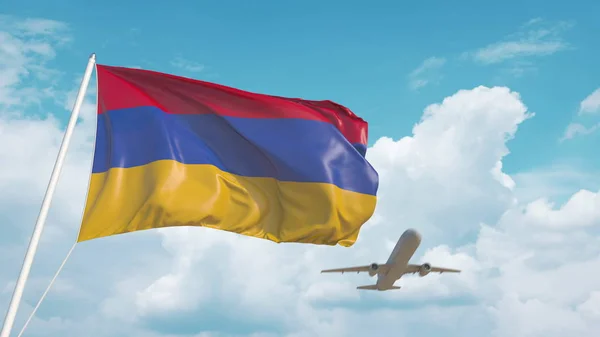 План прибуває в аеропорт з прапором Вірменії. Вірменський туризм. 3d рендеринг — стокове фото