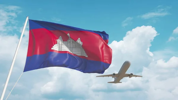 El avión se acerca a la bandera camboyana. Turismo en Camboya. Renderizado 3D — Foto de Stock