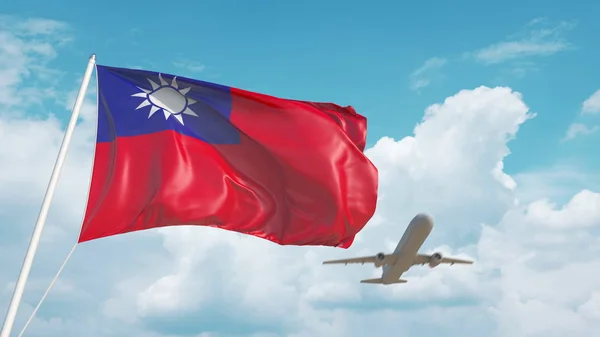 Plane arrives to airport with flag of Taiwan. Taiwanese tourism. 3D rendering — 스톡 사진