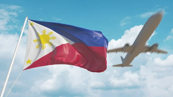 Letadlo přilétá na letiště s filipínskou vlajkou. Filipínská turistika. 3D vykreslování — Stock fotografie