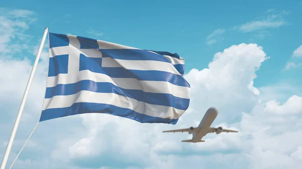 Commercial airplane landing behind the Greek national flag. Tourism in Greece. 3D rendering — Stock Photo, Image
