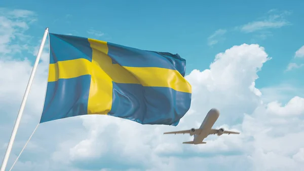 Samolot zbliża się do szwedzkiej flagi. Turystyka w Szwecji. 3d renderowanie — Zdjęcie stockowe