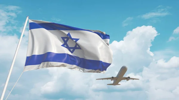 Commercial airplane landing behind the Israeli flag. Tourism in Israel. 3D rendering — Stock Photo, Image