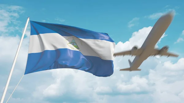 Το αεροπλάνο φτάνει στο αεροδρόμιο με εθνική σημαία της Νικαράγουας. Νικαραγουανός τουρισμός. 3d απόδοση — Φωτογραφία Αρχείου