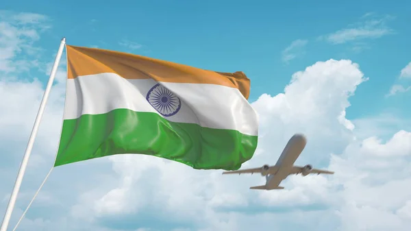 Avião chega ao aeroporto com bandeira nacional da Índia. Turismo indiano. Renderização 3D — Fotografia de Stock