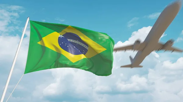 Commercial airplane landing behind the Brazilian flag. Tourism in Brazil. 3D rendering — 스톡 사진