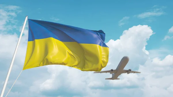 Flugzeug kommt mit ukrainischer Flagge zum Flughafen. Der ukrainische Tourismus. 3D-Darstellung — Stockfoto