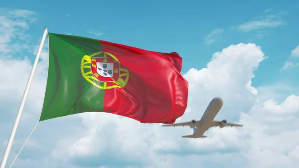 Aereo commerciale che atterra dietro la bandiera portoghese. Turismo in Portogallo. Rendering 3D — Foto Stock