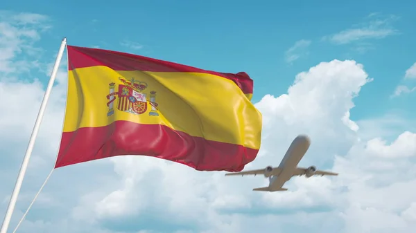 Planet anländer till flygplatsen med Spaniens flagga. Spansk turism. 3d-konvertering — Stockfoto