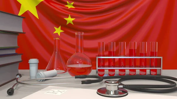 Equipement de laboratoire clinique sur fond de drapeau chinois. Santé et recherche médicale en Chine rendu 3D conceptuel lié — Photo