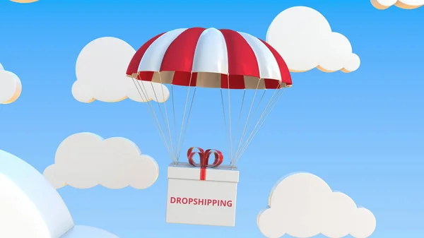 Box mit Drop-Shipping-Text fällt mit einem Fallschirm. konzeptionelles 3D-Rendering — Stockfoto