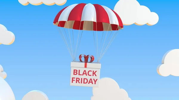 Box mit Black Friday Text fällt mit einem Fallschirm. konzeptionelles 3D-Rendering — Stockfoto