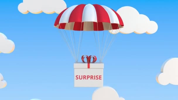 Box with SURPRISE text falls with a parachute. Loopable conceptual 3D animation — Stock Video