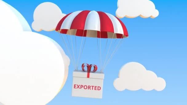 Box with EXPORTED text falls with a parachute. Loopable conceptual 3D animation — Stock Video