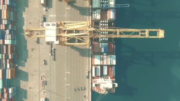 Limandaki konteynır terminallerinin ve kargo gemisinin yukarıdan aşağı görüntüsü — Stok video