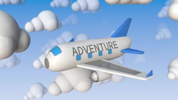 Speelgoedvliegtuig met Adventure tekst vliegt tussen cloud mockups, conceptuele loopable 3d animatie — Stockvideo