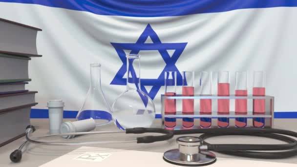 Laboratoriumapparatuur op Israëlische vlaggenachtergrond. Gezondheidszorg en medisch onderzoek in Israël gerelateerde conceptuele animatie — Stockvideo