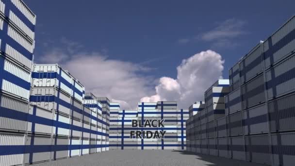 Cargo containers with BLACK FRIDAY text and national flags of Finland. Finnish commerce related 3D animation — Stock Video