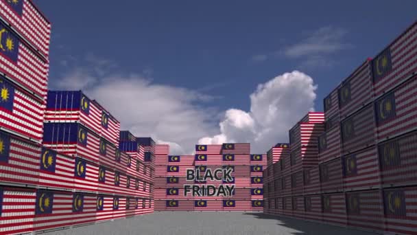 Cargo containers with BLACK FRIDAY text and flags of Malaysia. Malaysian commerce related 3D animation — 비디오