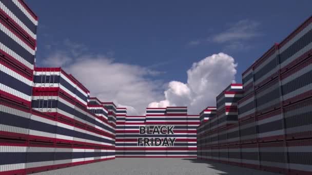 Cargo containers with BLACK FRIDAY text and flags of Thailand. Thai commerce related 3D animation — Stock Video