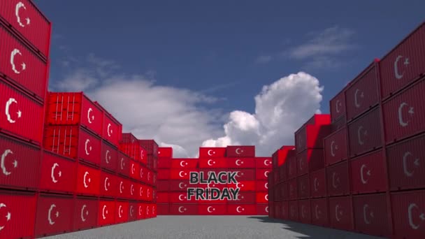 Containers with BLACK FRIDAY text and flags of Turkey. Turkish commerce related 3D animation — 비디오