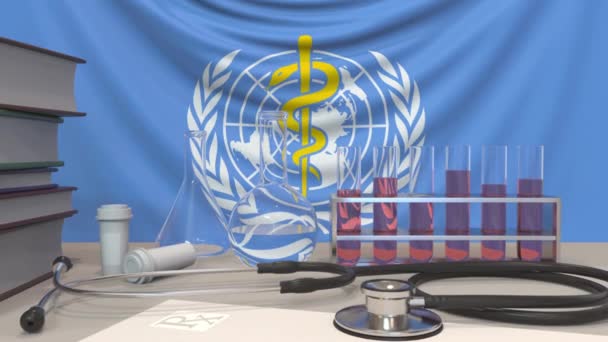 Laboratory equipment on flag of World Health Organization WHO background. Global medical research related editorial animation — 비디오