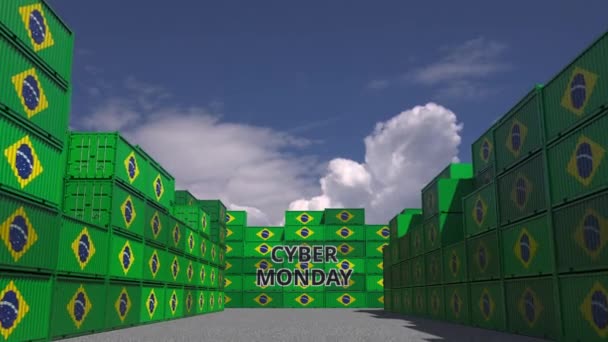Recipienti con testo CYBER MONDAY e bandiere nazionali del Brasile. Brasiliano commercio online correlati animazione 3D — Video Stock