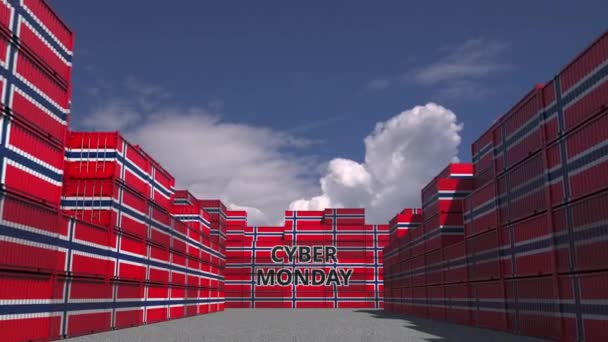 Recipienti con testo CYBER MONDAY e bandiere nazionali della Norvegia. Norvegese commercio online correlati animazione 3D — Video Stock