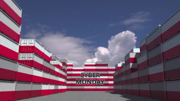 Conteneurs avec texte CYBER MONDAY et drapeaux nationaux de Pologne. Pologne animation 3D liée au commerce en ligne — Video