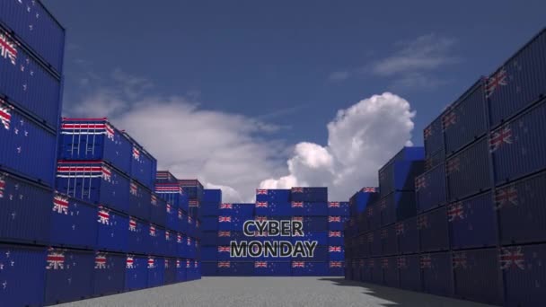 Frachtcontainer mit Cyber-Monday-Text und Nationalflaggen Neuseelands. Online-Handel im Zusammenhang mit 3D-Animation — Stockvideo