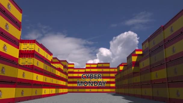サイバー月曜日のテキストとスペインの国旗を持つコンテナ。スペイン語オンライン商取引関連3Dアニメーション — ストック動画