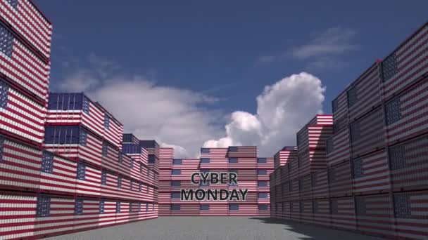 Containrar med Cyber Monday text och nationella flaggor i USA. Amerikansk online-handel relaterade 3D-animation — Stockvideo