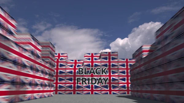 Lastcontainrar med Black Friday text och flaggor i Storbritannien. Brittisk handelsrelaterad 3D-konvertering — Stockfoto