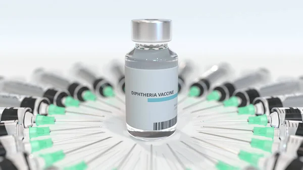 Vial con vacuna contra la difteria y jeringas. Representación 3D médica conceptual —  Fotos de Stock