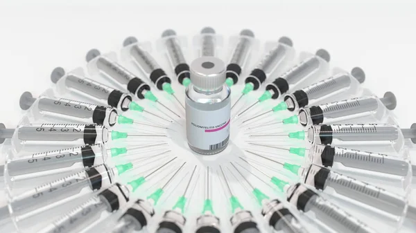 Vial de vidrio con vacuna contra la poliomielitis y jeringas. Representación 3D médica conceptual —  Fotos de Stock