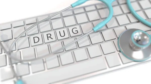 Stethoscope on keyboard with DRUG text. Modern medicine related conceptual 3D rendering — Stock Photo, Image